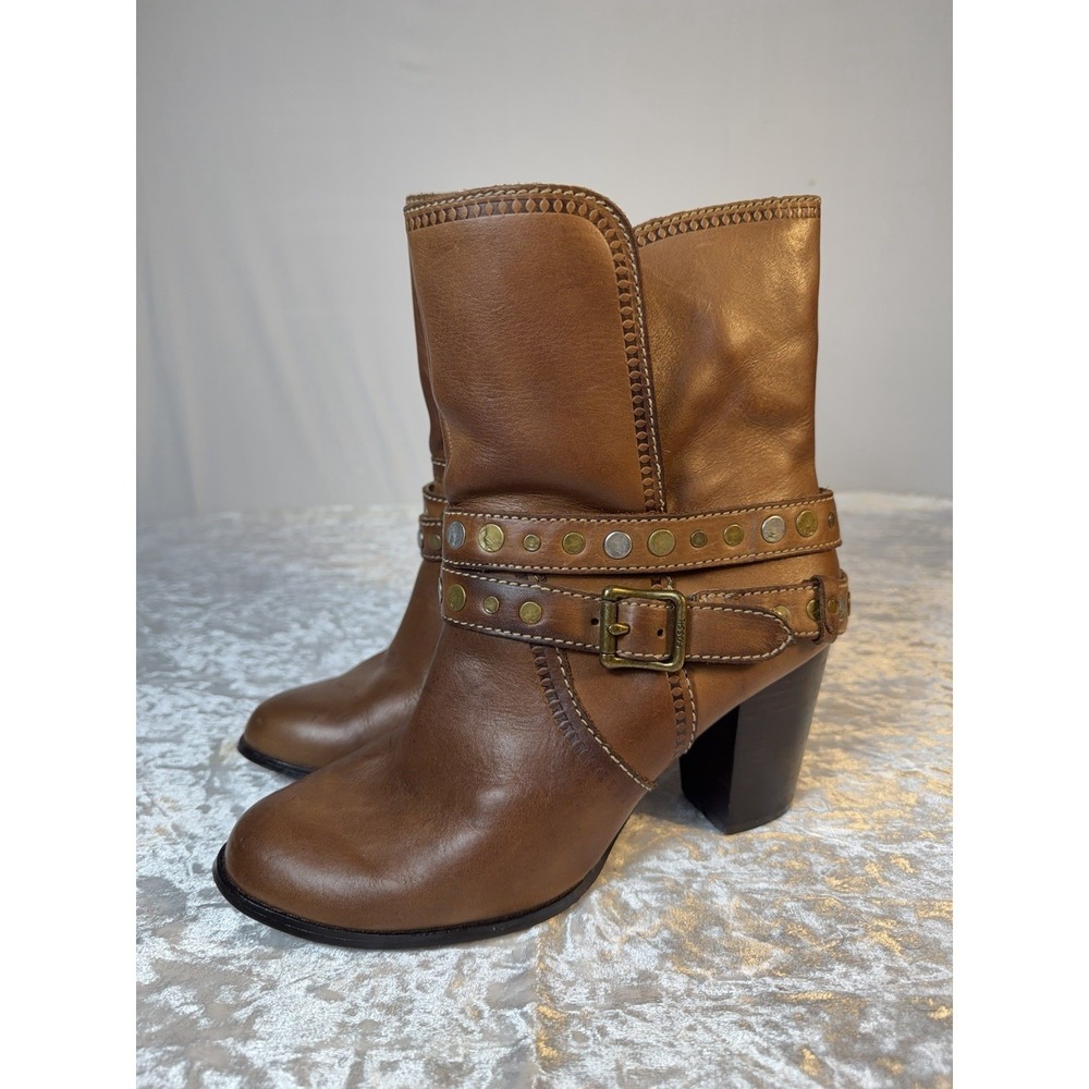 Fossil Brown Leather Studded Heeled Ankle Boots Women's 9.5‎ Boho Moto